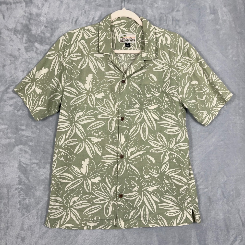 Patagonia Mens Shirt M Green Pataloha Floral Organic Cotton Hawaiian Tropical